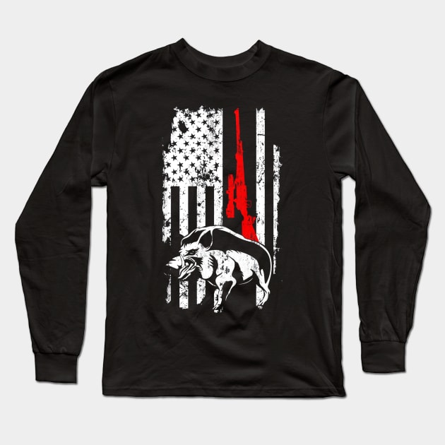 Boar Hunting Hog Hunting Deer Duck Hunting American Flag Long Sleeve T-Shirt by Kiwistore